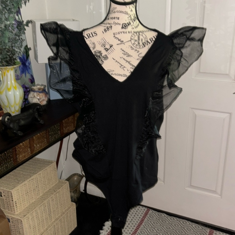 NWT Plus XXL Black Bodysuit With Organza Wing Sleeves